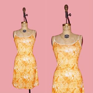 1990s-Y2K MARY JO BRUNO Orange Rose Print Sleeveless Slip Dress. xS-S